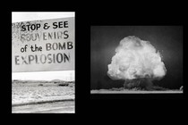 A photo of a 1961 sign advertising "SOUVENIRS of the BOMB EXPLOSION," next to a photo of the Trinity-test mushroom cloud