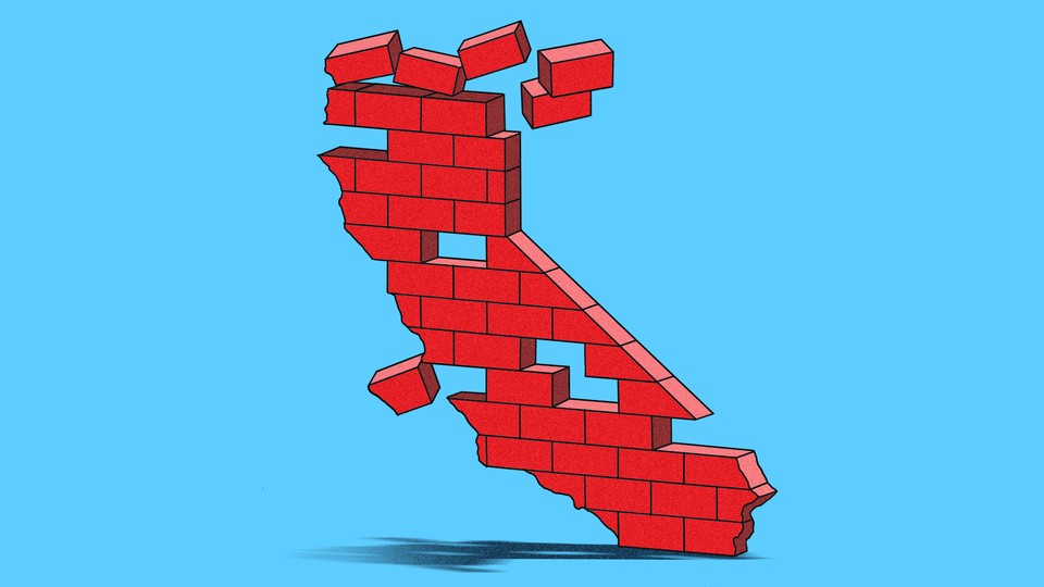 An illustration of the state of California made of red bricks falling apart