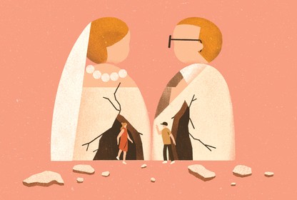 illustration in which two people stand inside crumbling bride and groom sculptures