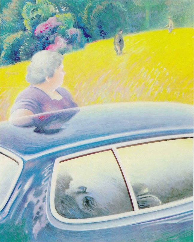 A stylized painting of an older woman leaning against a car, looking into the distance at two figures standing in a neon grassy field