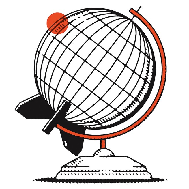 black-and-white illustration of a desk globe styled to look like a fat nuclear missile, with three missile fins on its lower pole and a red dot near equator