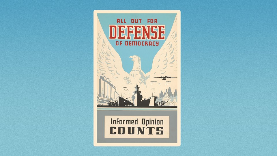 World War II democracy poster that reads: All out for defense of democracy. Informed opinion counts.