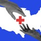 The mainland United States map with a red health-care plus sign in the center and two hands reaching for it