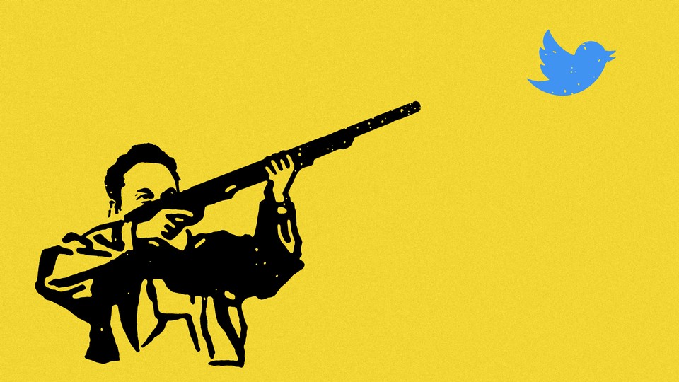 An illustration of Elon Musk pointing a hunting rifle at Twitter's bird logo