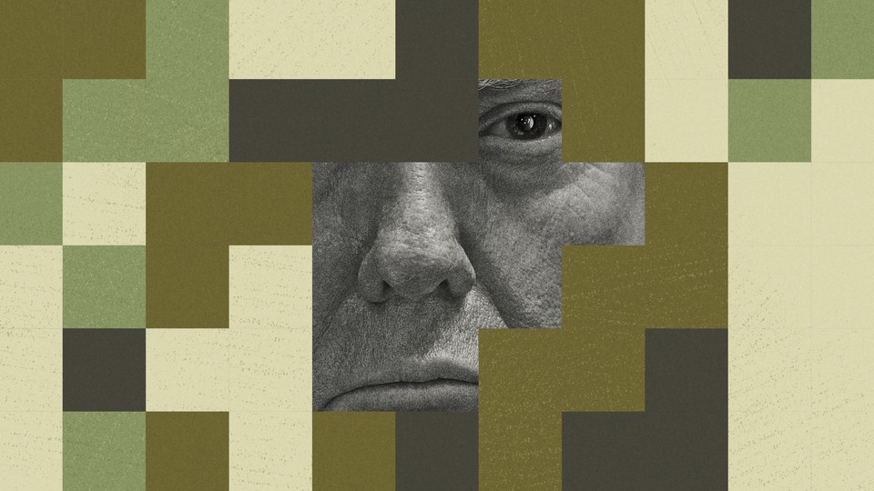 A partial image of Donald Trump's face, surrounded by military-style camouflage