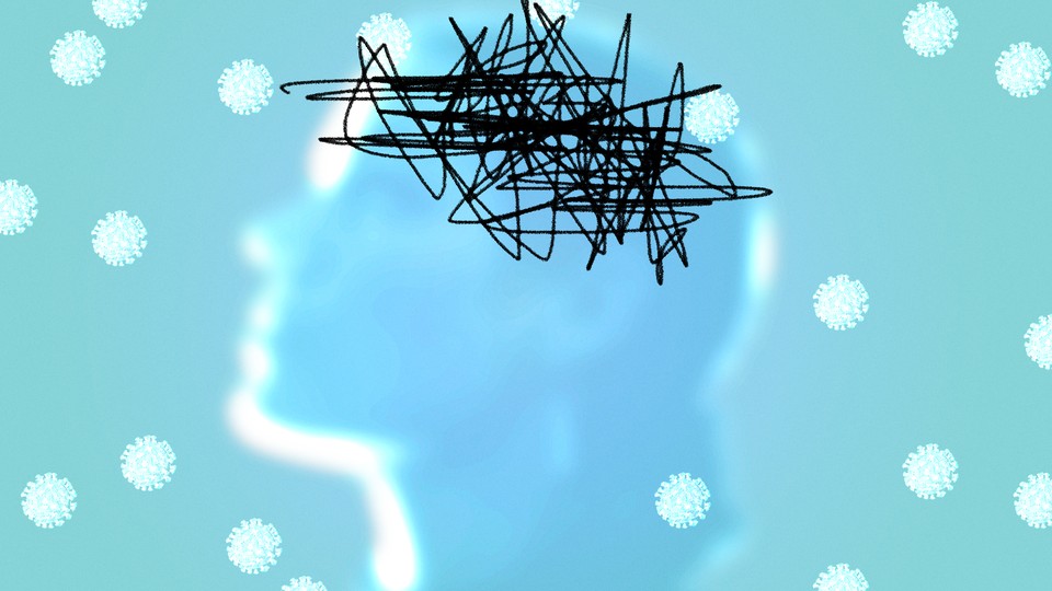 A graphic showing a woman surrounded by germs. A squiggle is drawn over the top of her head.