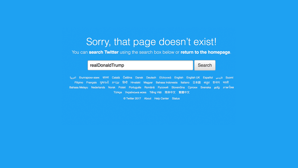 An error page from Twitter stating that the account @realDonaldTrump doesn't exist