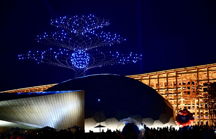 People watch a drone light show, forming a fanciful tree in the night sky above exhibit spaces.