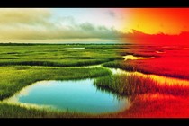 A photograph of a salt marsh -- the right side of the frame is tinged red