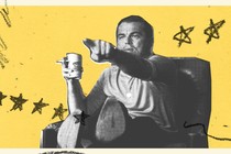 Photo-illustration of Leonardo DiCaprio in a chair, with his feet up, pointing