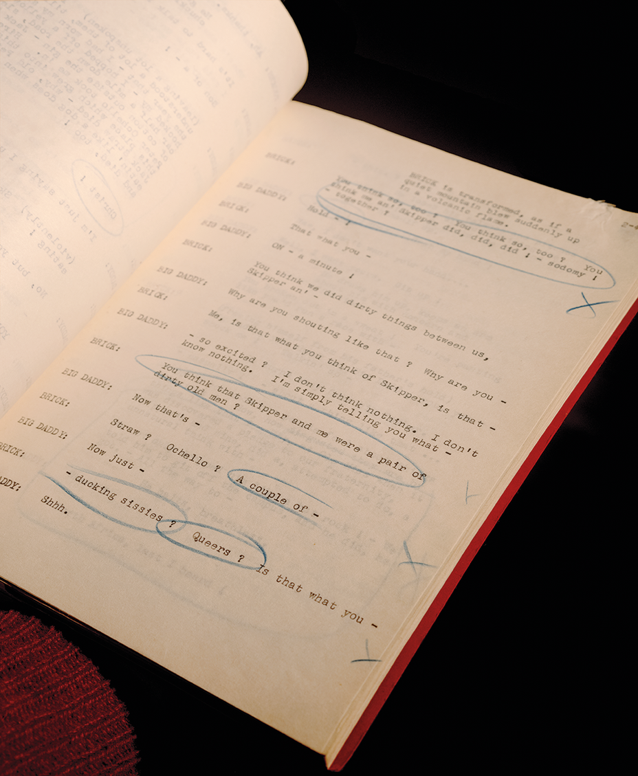 photo of script page with lines circled in blue pencil with large Xs written next to them