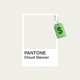 A paint swatch of Pantone's "cloud dancer" with a dollar price tag attached to it