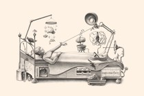 A black-and-white pencil-like illustration of a person in a bed surrounded by a number of gadgets meant to induce sleep: an eye mask, a helmet, a plant, a mobile, a brain-wave scanner.