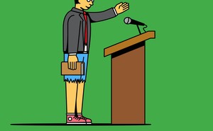 An illustration of a politician wearing shorts standing at a lectern
