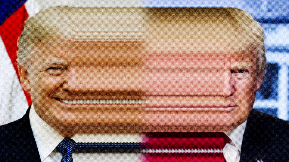 An image of Trump smiling, blurring into another image of him grimacing.