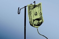 A graphic illustration of a dollar bill hung up like an IV bag