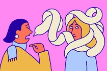A woman talking and a speech bubble wrapping around her friend's head
