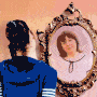 A young woman faces a mirror with animated images of a very young girl, a young woman, and an elderly woman.