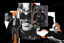 Collage of black and white photos of Elon Musk, a standing Walter White, Judge Dredd frowning with his helmet on, a postal stamp stylized with Darth Vader’s helmet, the silhouette of Donald Trump, and Tony Soprano.