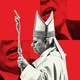 Illustration with black-and-white photograph of Pope Leo’s side profile set to the backdrop of four red-tinted duplicated images of Donald Trump's open mouth