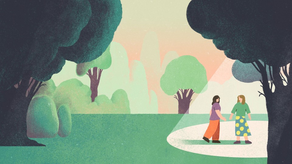 An illustration of two women walking in the woods. A ray of sunshine forms a spotlight; they're standing in it, talking to each other.