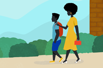 An illustration of a black mother walking her son to school.