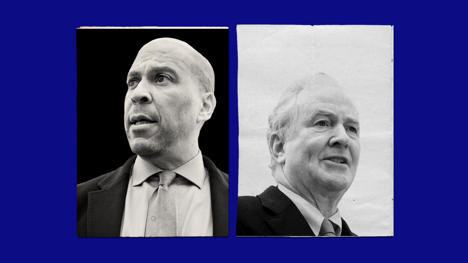 Diptych with two black-and-white photographs of Cory Booker and Chris Van Hollen on a royal-blue backdrop.