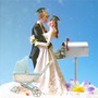 An illustration of husband and wife figurines on a cake, with a stroller, graduation caps, and a mailbox full of money