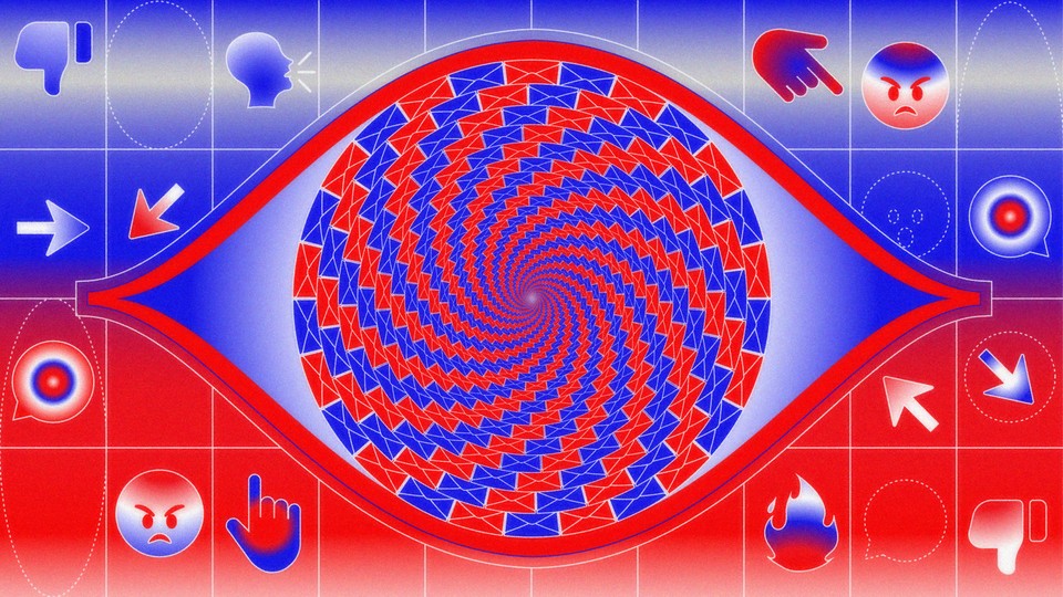 An illustration of an eye made of blue and red ballots