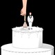 Illustration of a hand pushing a bride's figurine into a wedding cake