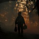 A firefighter walks through a dark, smoky forest