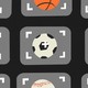 An illustrated collage of baseballs, tennis balls, basketballs, and footballs, each positioned within a camera viewfinder.