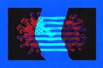 An image of a virus particle torn in half. An American flag is in the background.