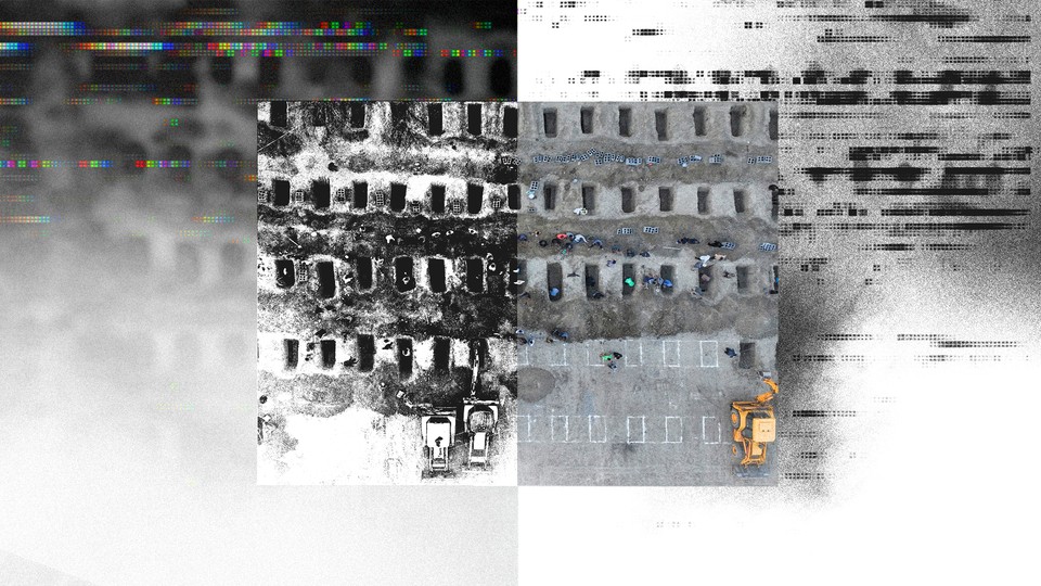 An image of graves in Iran, distorted with fog and digital glitches.