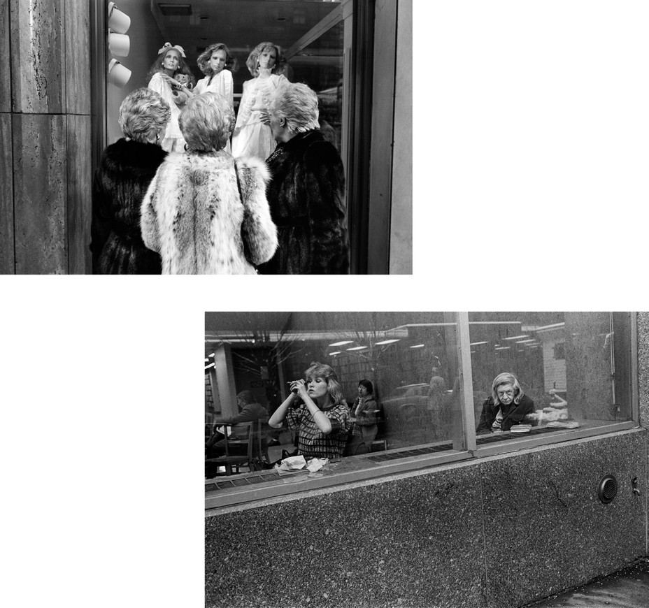 Offset Diptych. Left: Three women in furs with back to camera look at a store window. Right: Seen through a a window, one young woman doing her makeup sits next to an older woman staring at that camera.