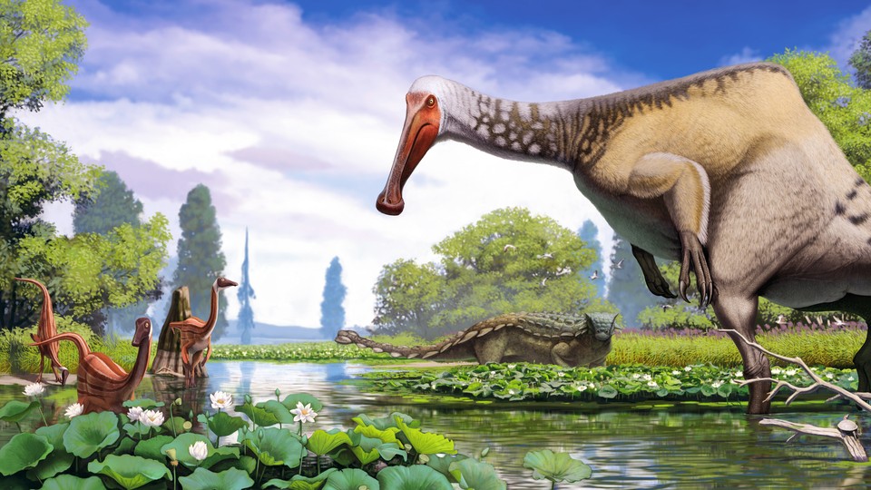A scene of dinosaurs as reconstructed by Andrey Atuchin, a paleoartist featured in 'Dinosaur Art II: The Cutting Edge of Paleoart'