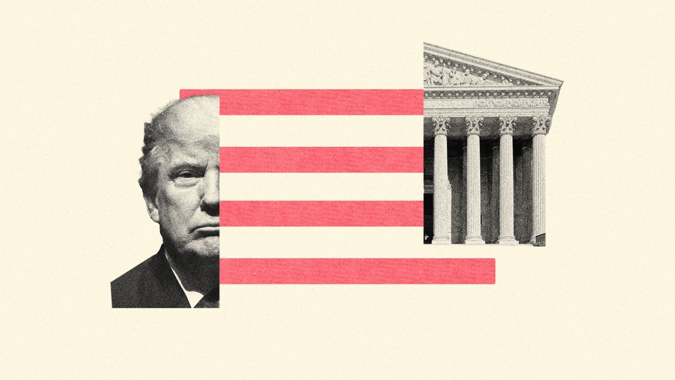 Illustration showing Donald Trump, the American flag, and the Supreme Court building