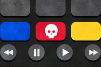 A TV remote that has a button with a skull on it, representing on-demand death.