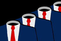 illustration of a row of 4 headless/hollow blue-suited figures with white shirts and red ties