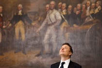 Elon Musk smiling, a stately painting in the background
