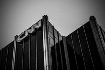 A black-and-white image of a CNN building