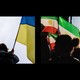 A diptych of Ukrainian and Iranian flags being waved by protesters