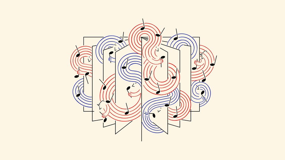 illustration of fanned-open outlined pages of a book with swirling red and blue 5-line musical staves curving throughout, with hands holding black quarter notes