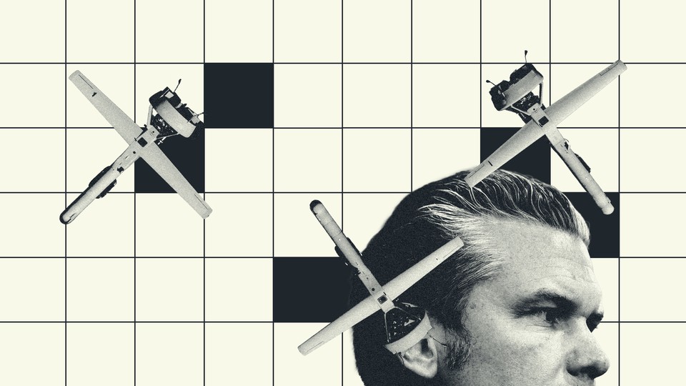 Photo illustration of Pete Hegseth and drones