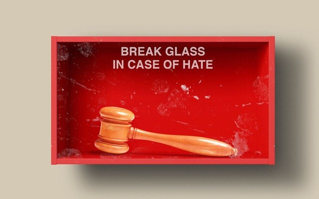 An illustration of a box that says "Break glass in case of hate" with a gavel inside