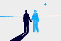 illustration with two abstract figures holding hands, one a dark silhouette with a long shadow and the other a blue grid, casting no shadow, on white background