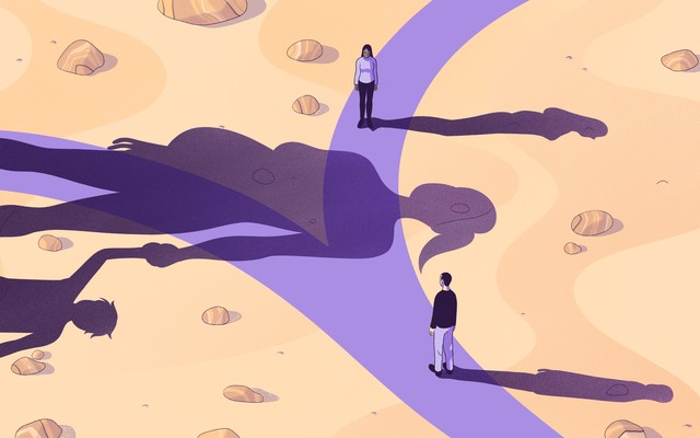 An illustration of a man looking at a woman, while the shadows of his wife and child loom.