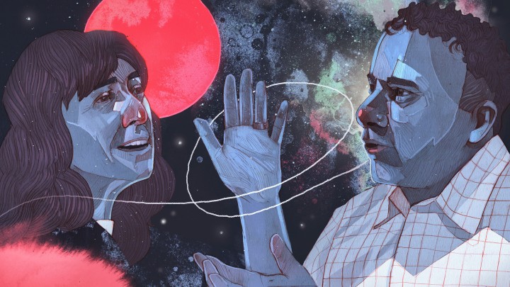 An illustration of a man and woman debating, with space in the background