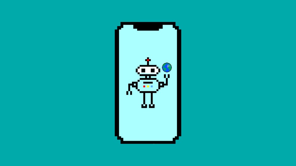 A pixelated graphic of a robot holding a globe on a cellphone screen