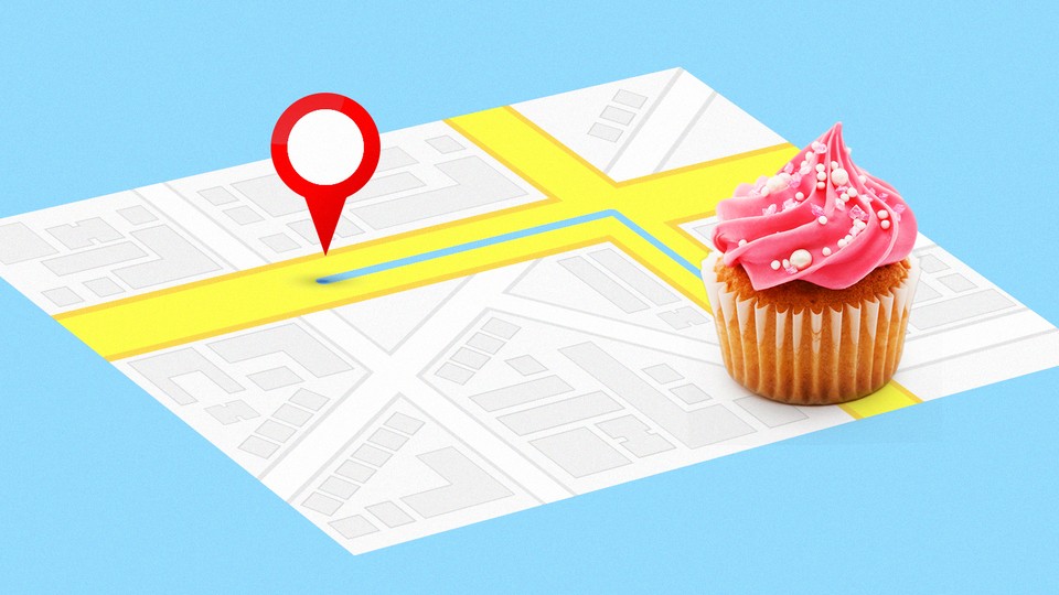 A street map with a destination pin and a cupcake overlaid